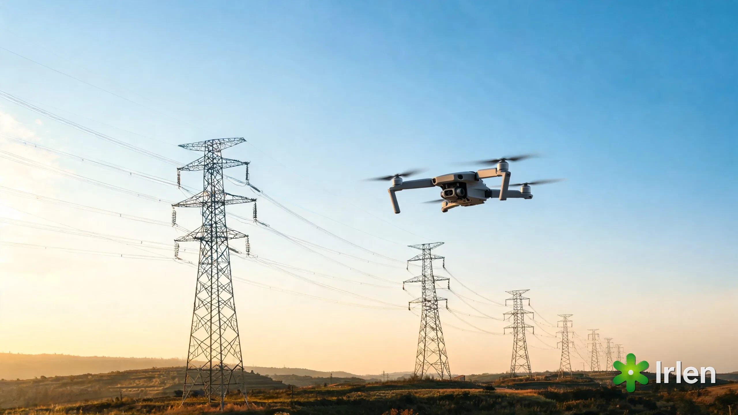 Drone termico inspecionando linhas de transmissao de energia ao entardecer