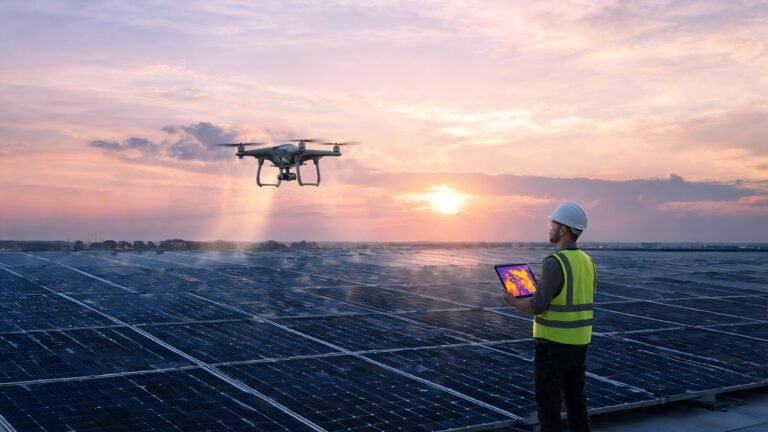 Drone de inspecao sobrevoando telhado solar ao anoitecer com termografia no tablet