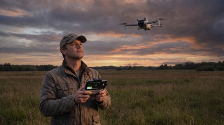 Piloto segurando o controle DJI corretamente, celular no suporte acima dos manches, olhando o drone no ceu