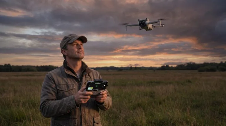 Piloto segurando o controle DJI corretamente, celular no suporte acima dos manches, olhando o drone no ceu