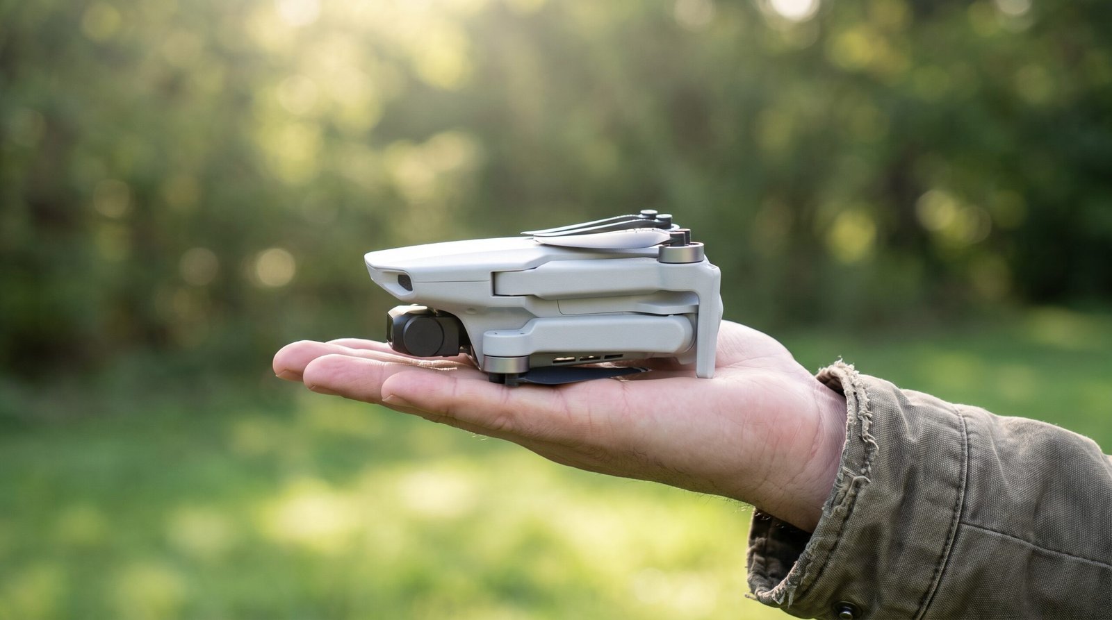 Drone DJI-style de entrada compacto na palma da mao ao ar livre, mostrando a portabilidade