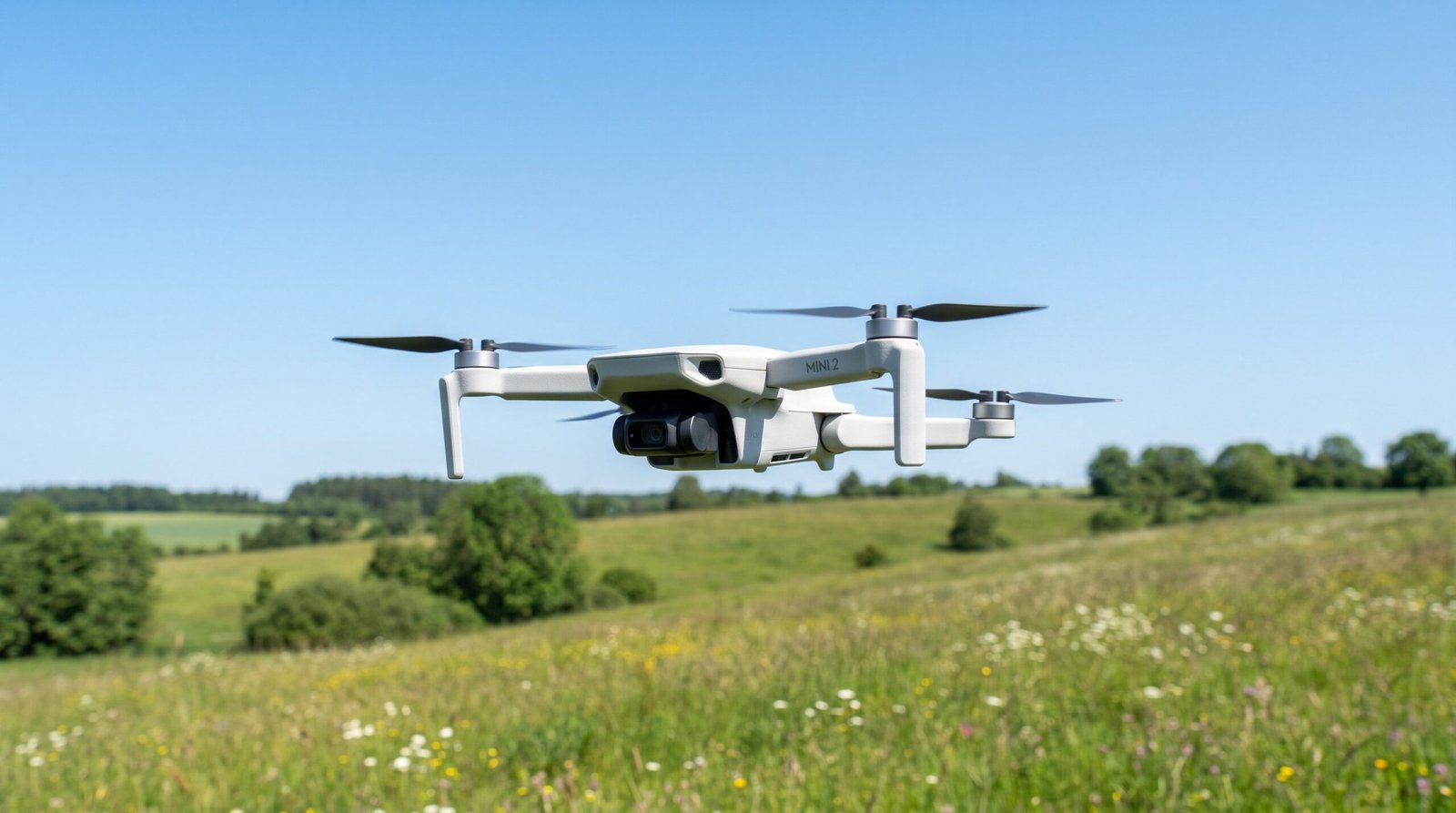Drone DJI-style de entrada em voo sobre uma paisagem verde em dia claro