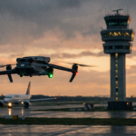 Drone pairando perto de uma torre de controle e pista de aeroporto ao entardecer