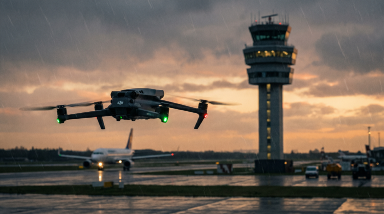 Drone pairando perto de uma torre de controle e pista de aeroporto ao entardecer