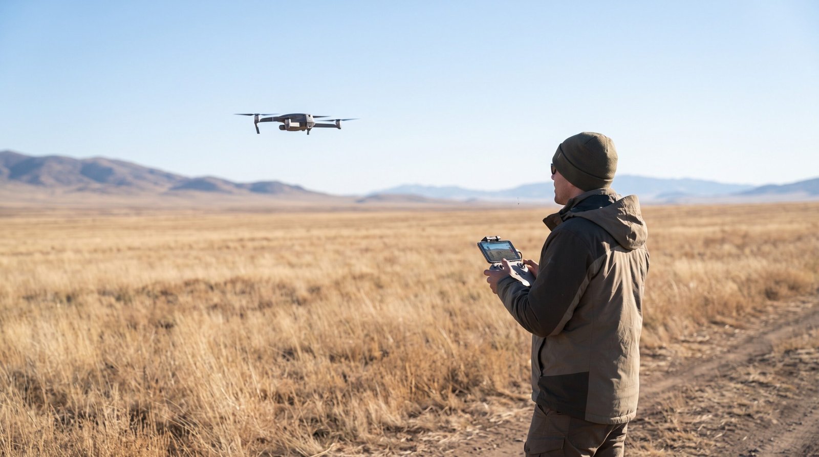 Piloto voando um drone DJI-style em campo aberto remoto sem sinal, mostrando o voo offline
