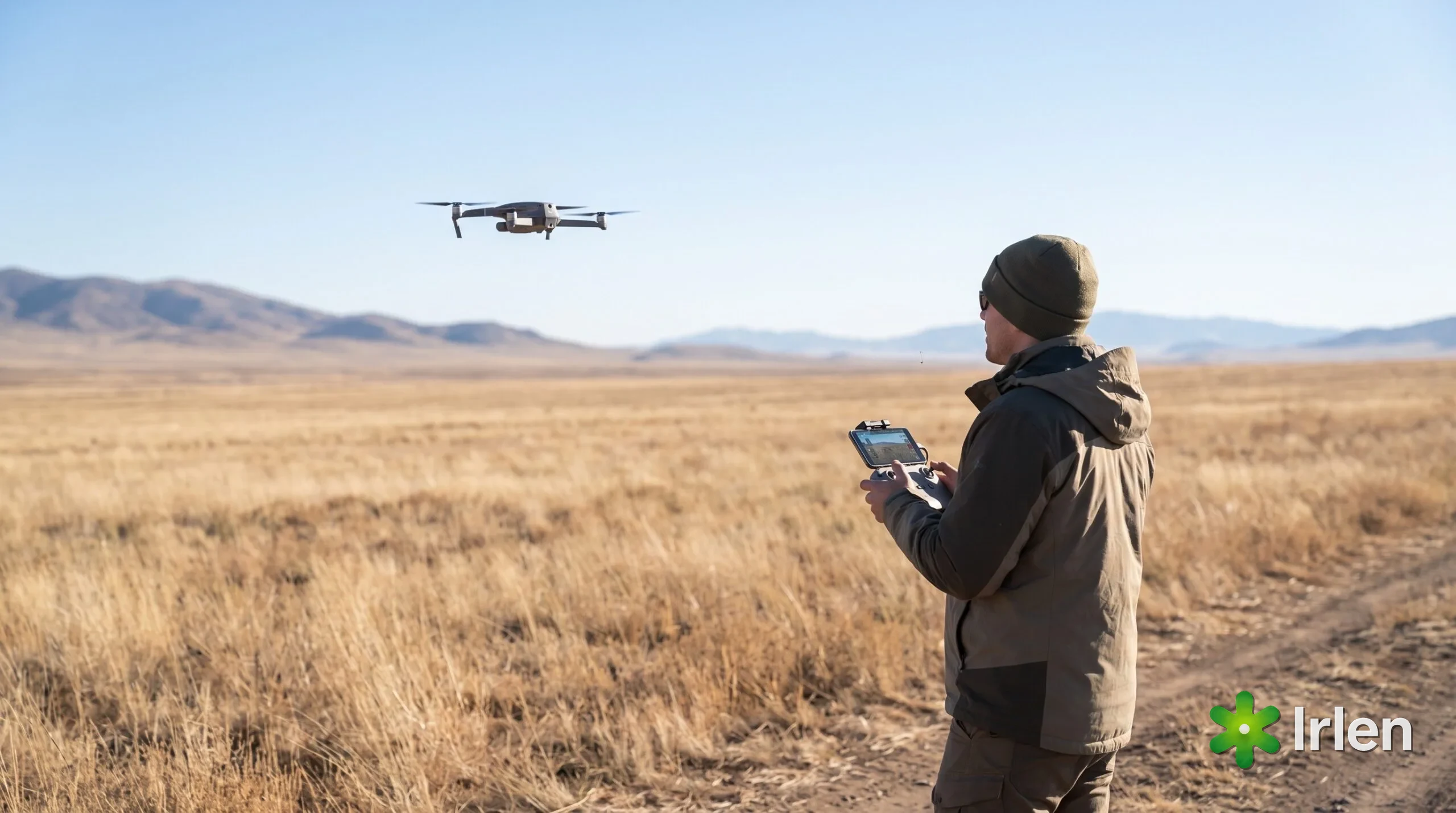 Piloto voando um drone DJI-style em campo aberto remoto sem sinal, mostrando o voo offline