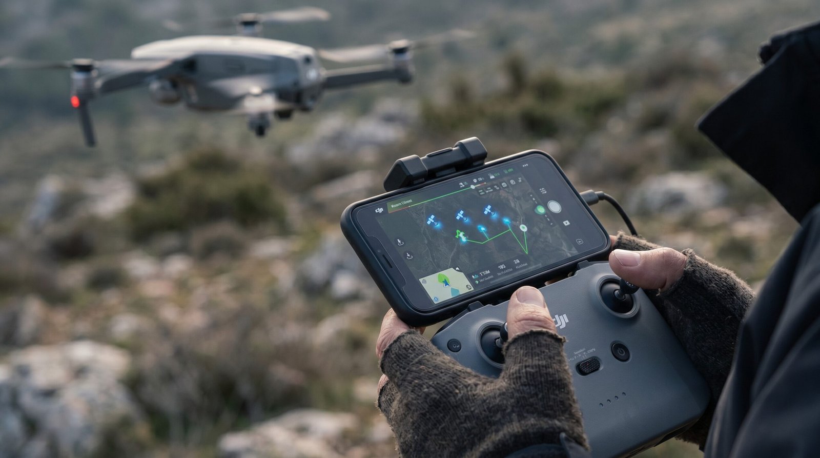 Maos no controle com o app mostrando o mapa de GPS e satelites, com o drone ao fundo