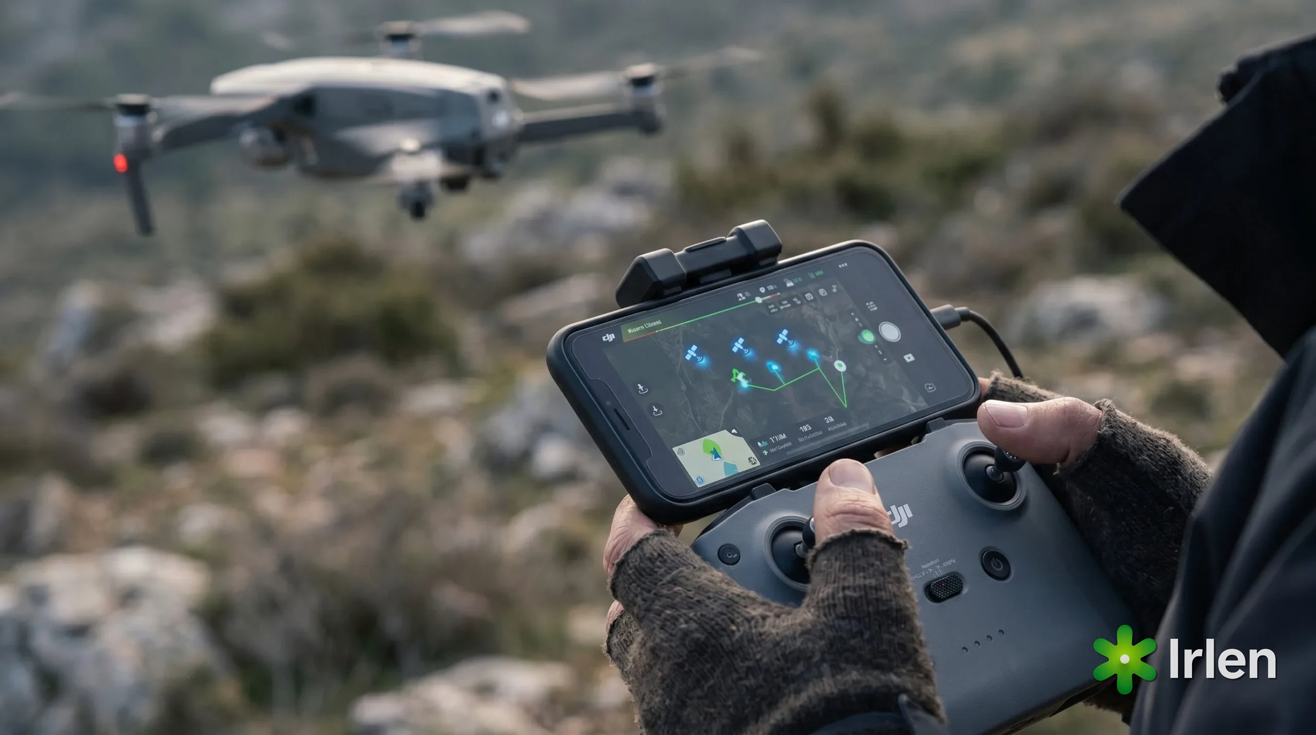Maos no controle com o app mostrando o mapa de GPS e satelites, com o drone ao fundo