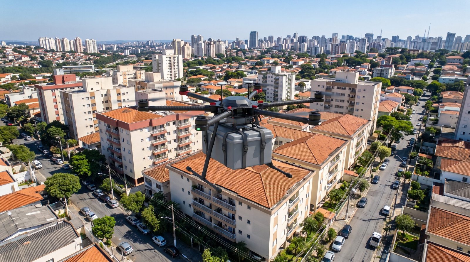 Drone de carga sobrevoando area residencial urbana no Brasil, caixa de entrega presa embaixo