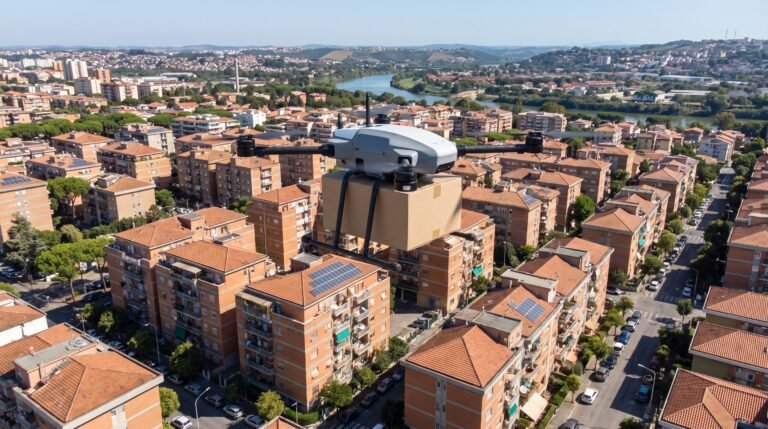 Drone de carga sobrevoando area residencial urbana no Brasil com caixa de entrega presa embaixo