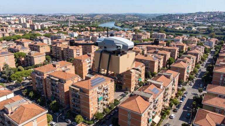 Drone de carga sobrevoando area residencial urbana no Brasil com caixa de entrega presa embaixo