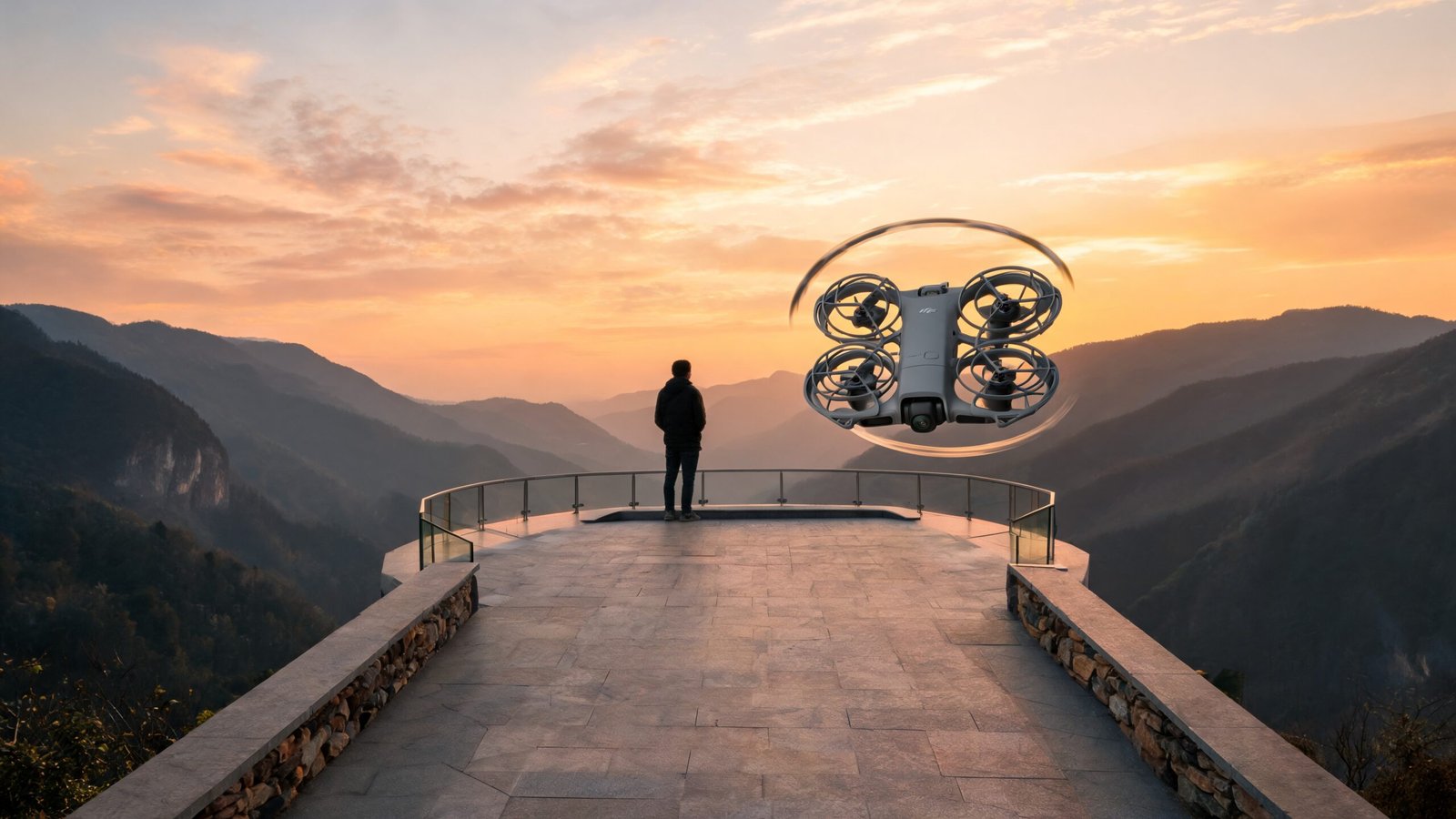 DJI Neo 2 executando uma orbita fechada ao redor de uma pessoa em um mirante