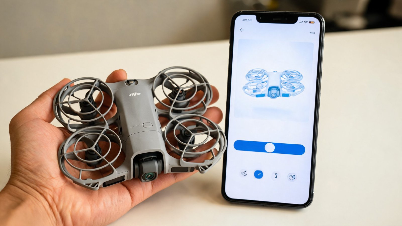 Mao segurando o DJI Neo 2 dobrado ao lado do celular com o app mostrando aviso de atualizacao