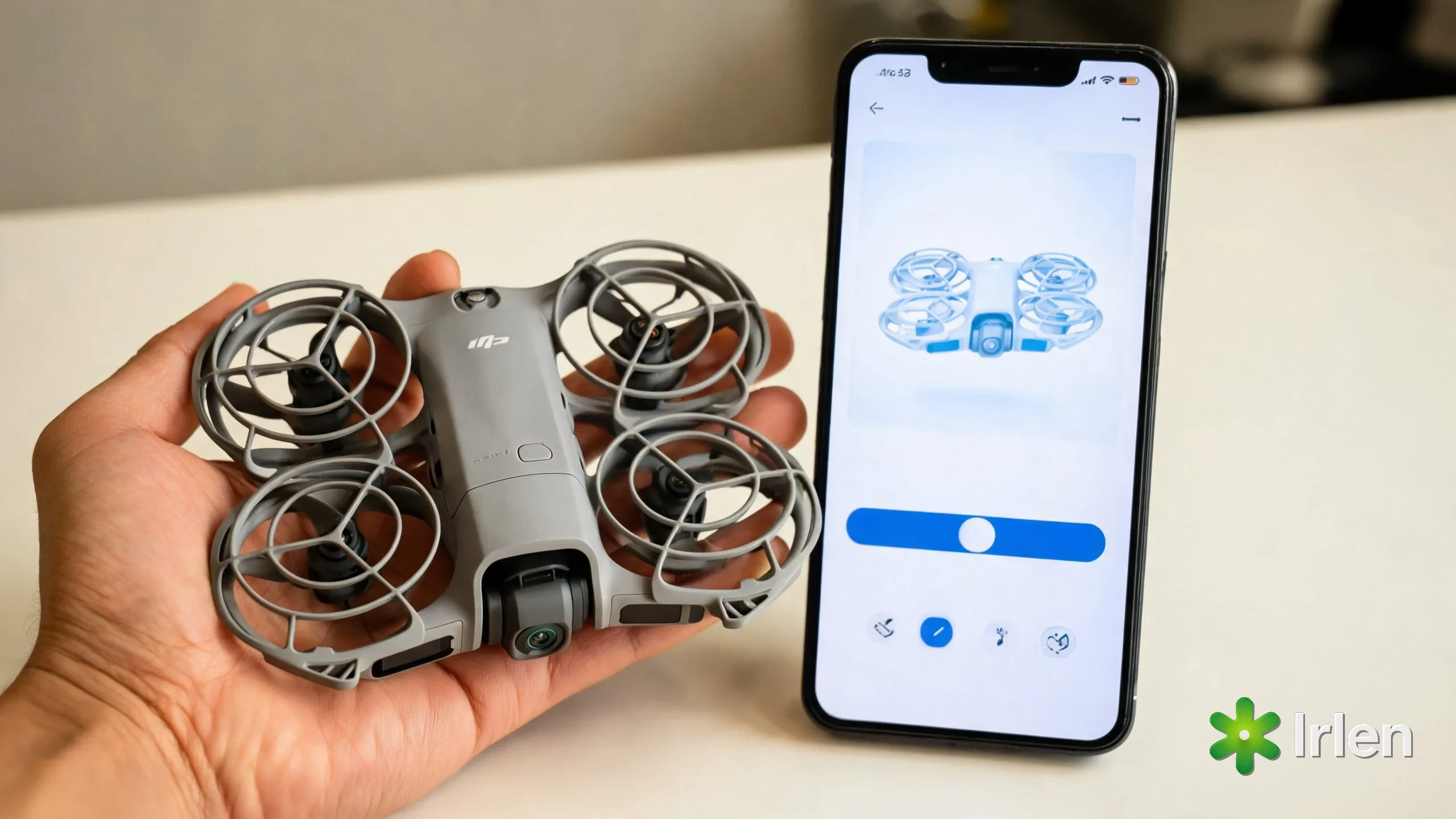 Mao segurando o DJI Neo 2 dobrado ao lado do celular com o app mostrando aviso de atualizacao