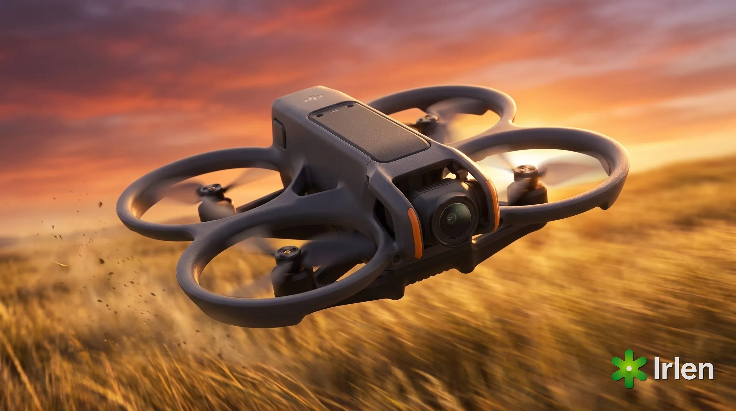 DJI Avata 2 em voo de proximidade ao entardecer, helices protegidas pela gaiola
