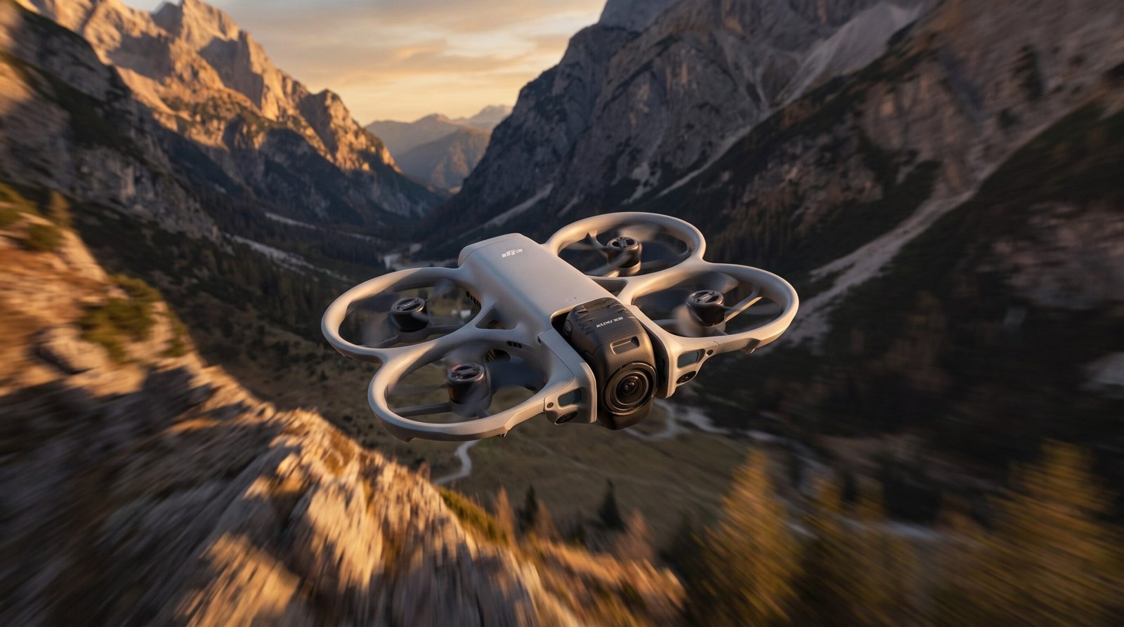 DJI Avata 360 em voo por vale alpino, camera dupla e protetor de helice visiveis