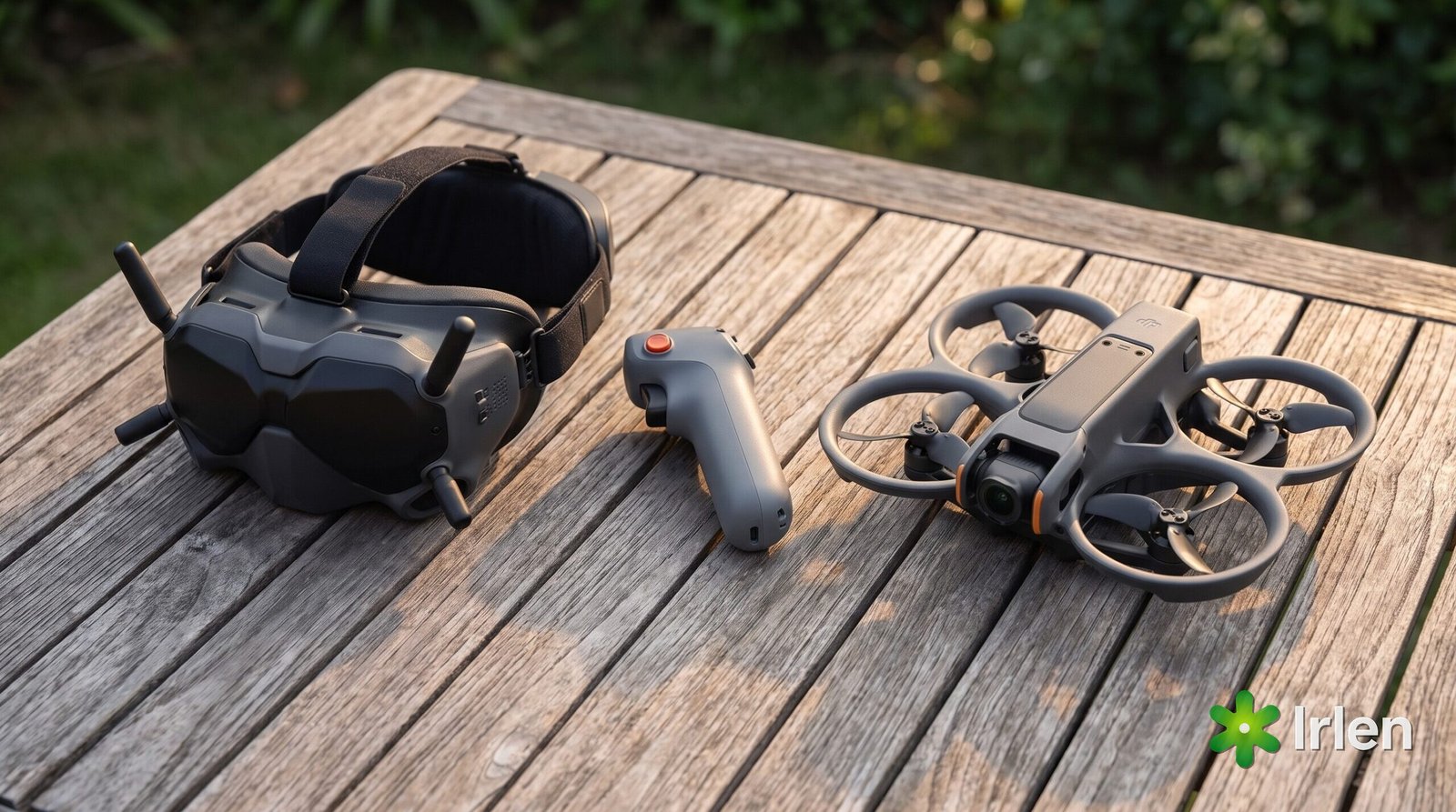 Oculos FPV DJI Goggles 3, controle RC Motion 3 e drone DJI Avata 2 sobre a mesa antes do voo