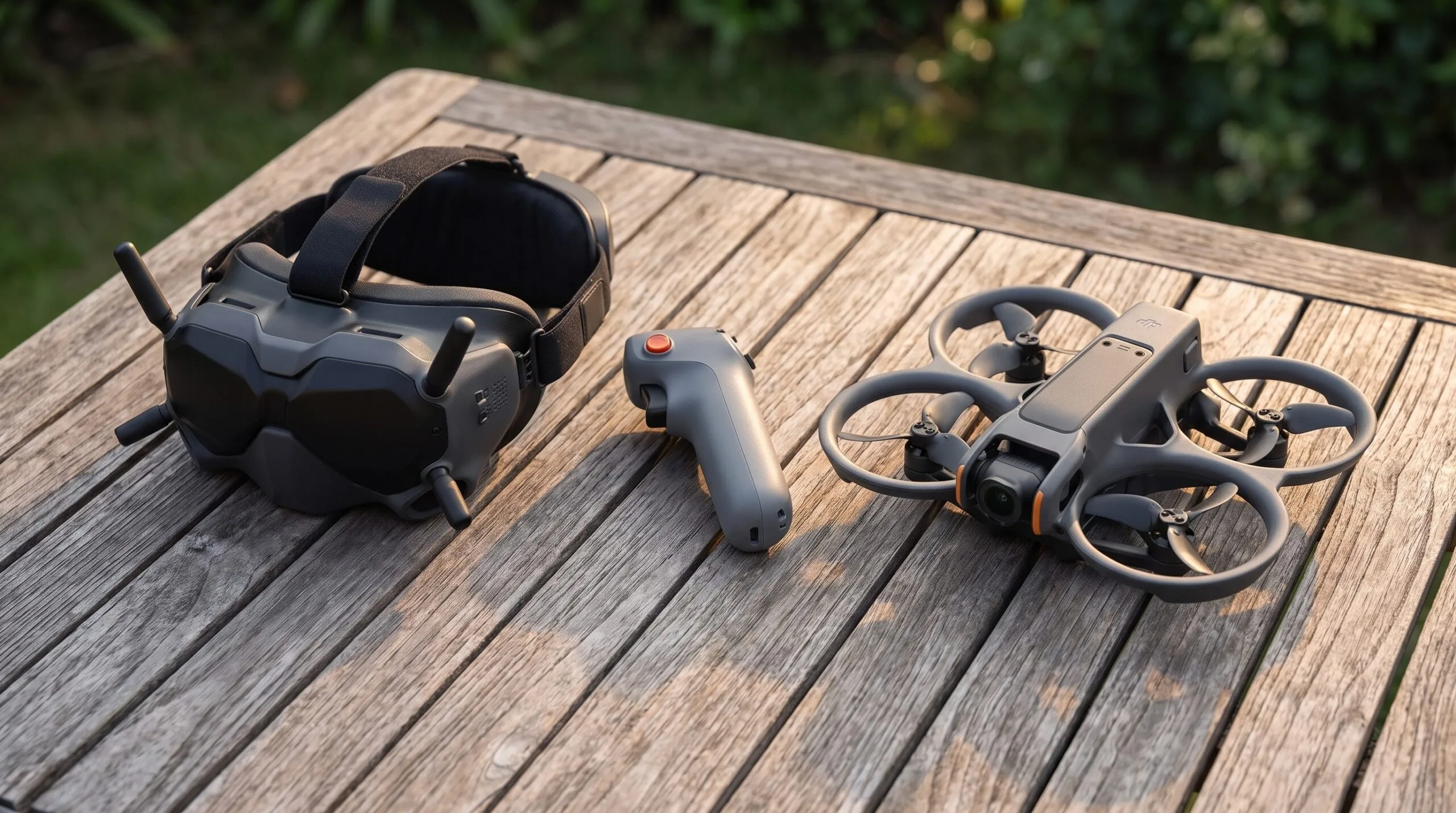 Oculos FPV DJI Goggles 3, controle RC Motion 3 e drone DJI Avata 2 sobre a mesa antes do voo