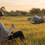 Piloto de oculos FPV DJI Goggles 3 pilotando um DJI Avata 2 ao entardecer
