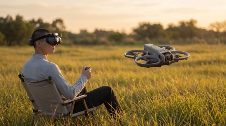 Piloto de oculos FPV DJI Goggles 3 pilotando um DJI Avata 2 ao entardecer