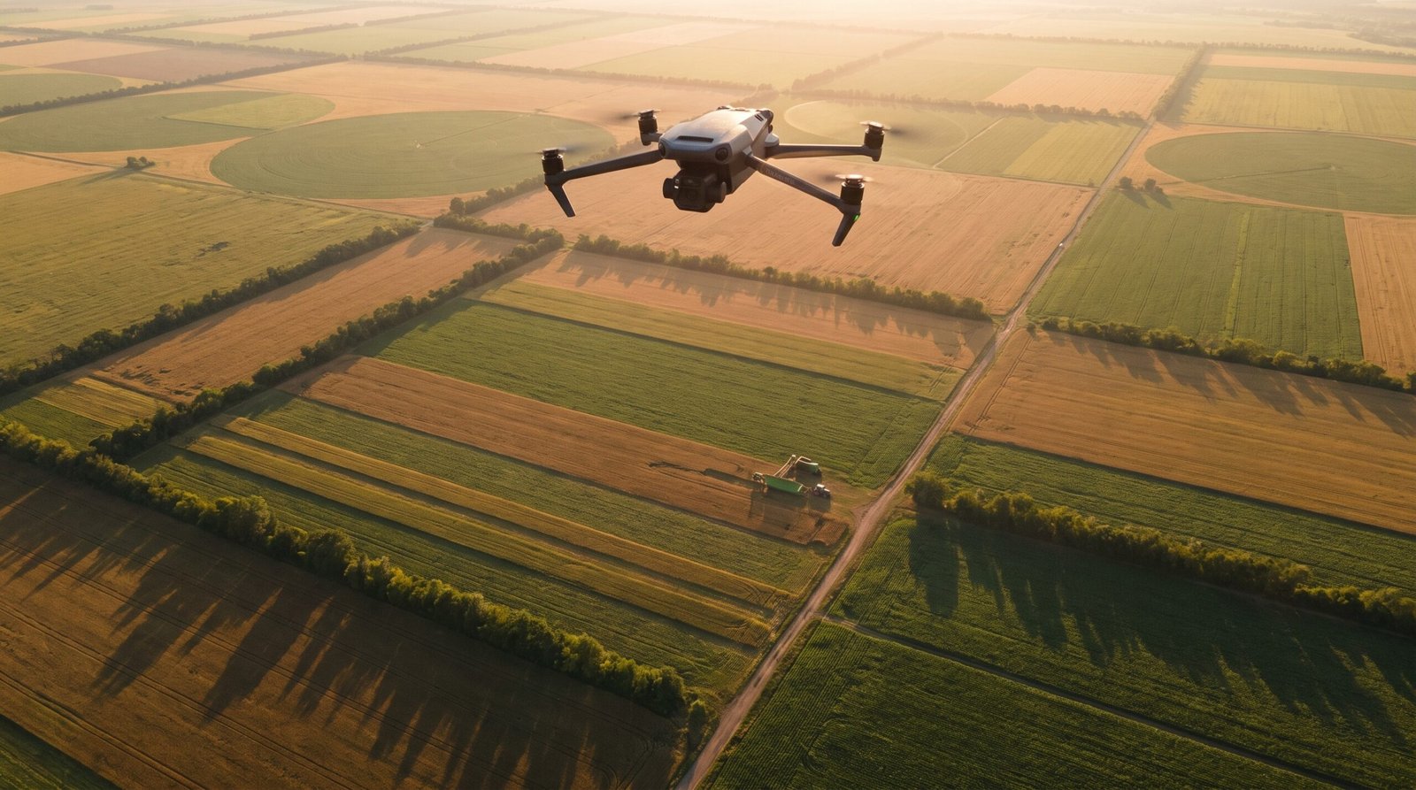 Drone DJI-style pairando alto com a camera para baixo sobre talhoes geometricos de plantacao