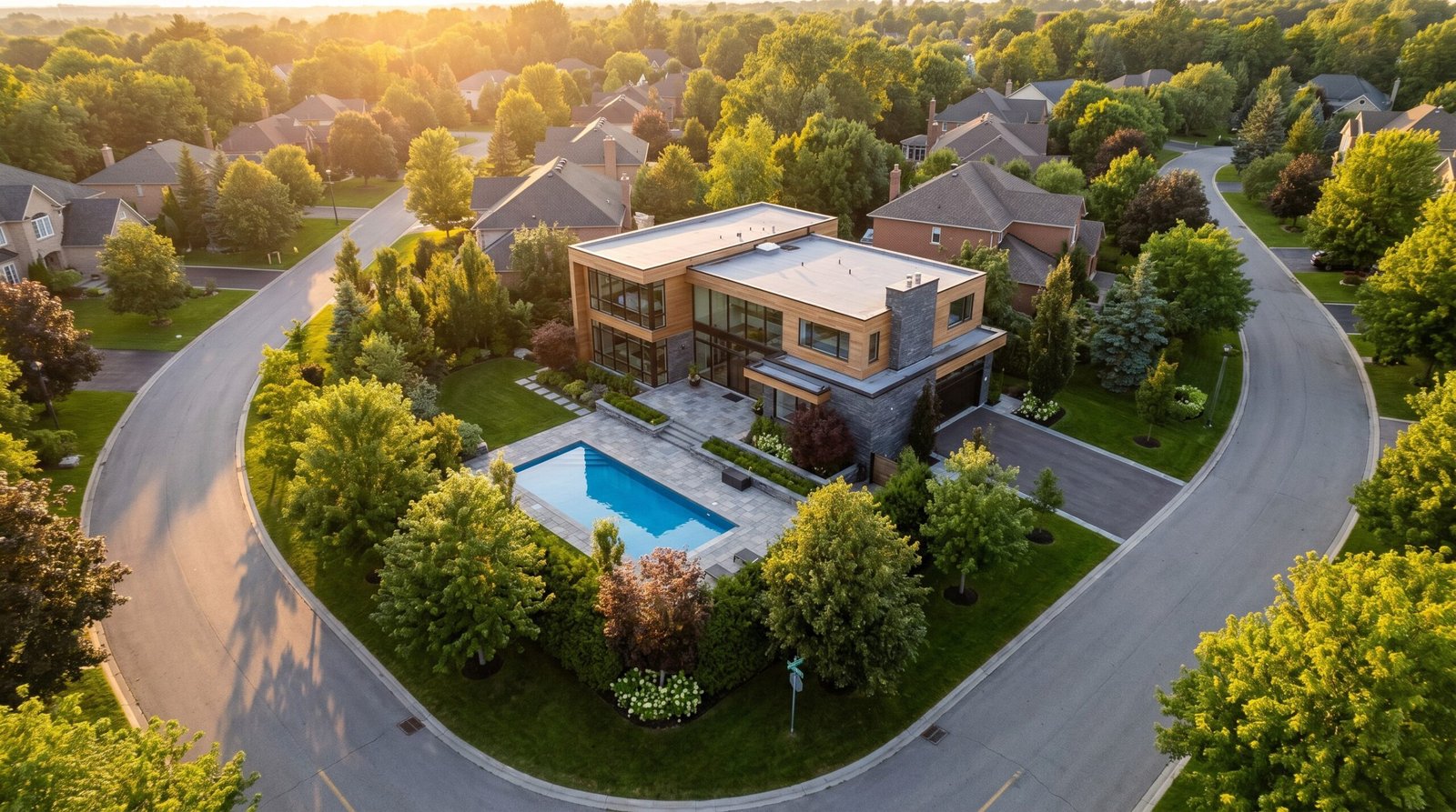 Foto aerea em angulo tres quartos de uma casa moderna com piscina, jardim e o lote inteiro visivel