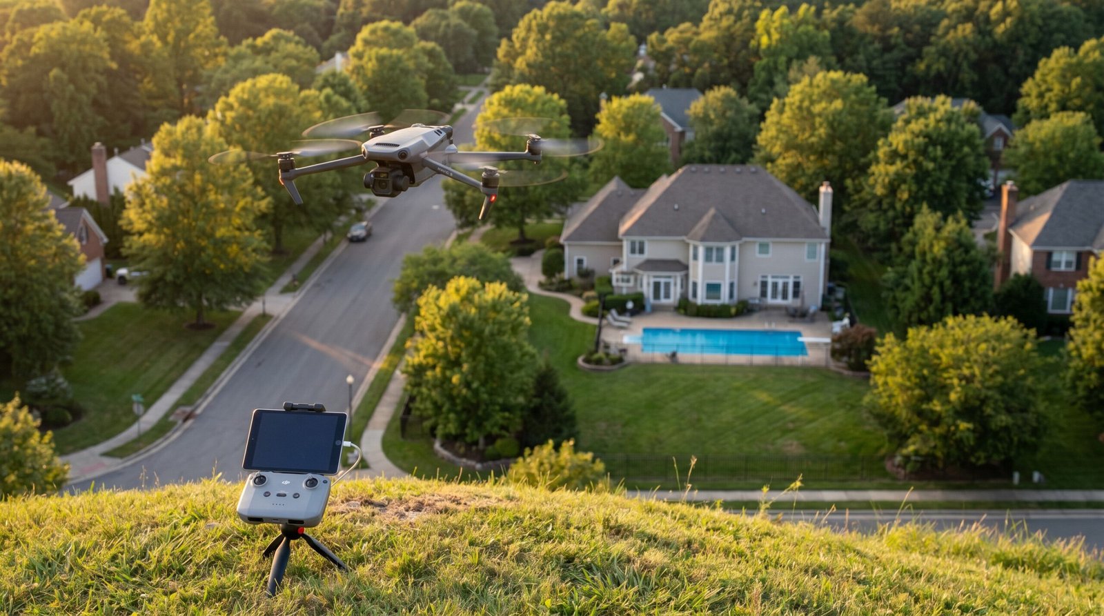 Drone DJI-style em voo elevado fotografando uma casa com piscina em bairro residencial arborizado