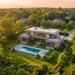 Vista aerea elevada em tres quartos de uma casa moderna com piscina e jardim em bairro arborizado