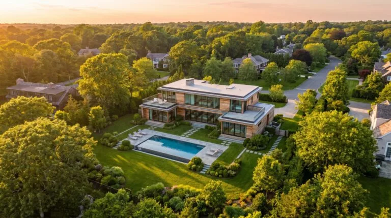 Vista aerea elevada em tres quartos de uma casa moderna com piscina e jardim em bairro arborizado