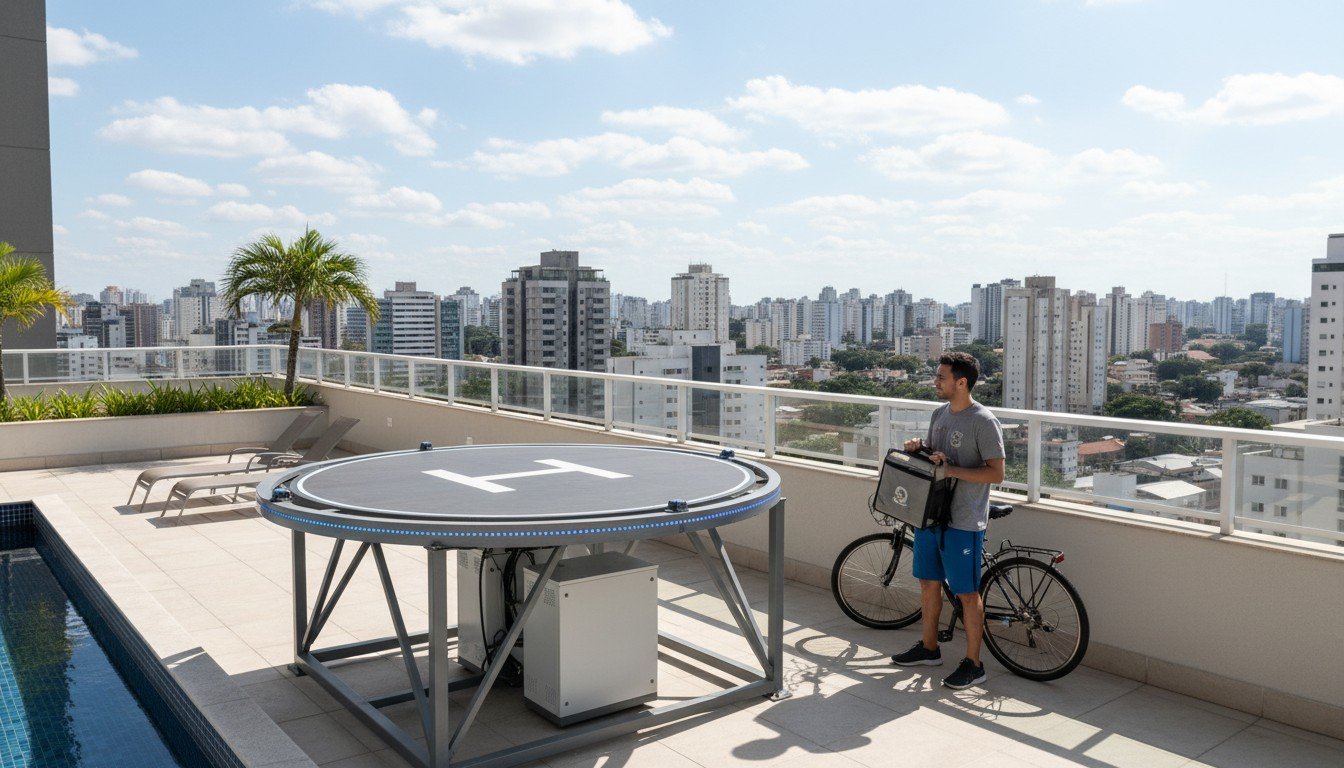 Droneport instalado no terraco de um condominio residencial, entregador esperando por perto