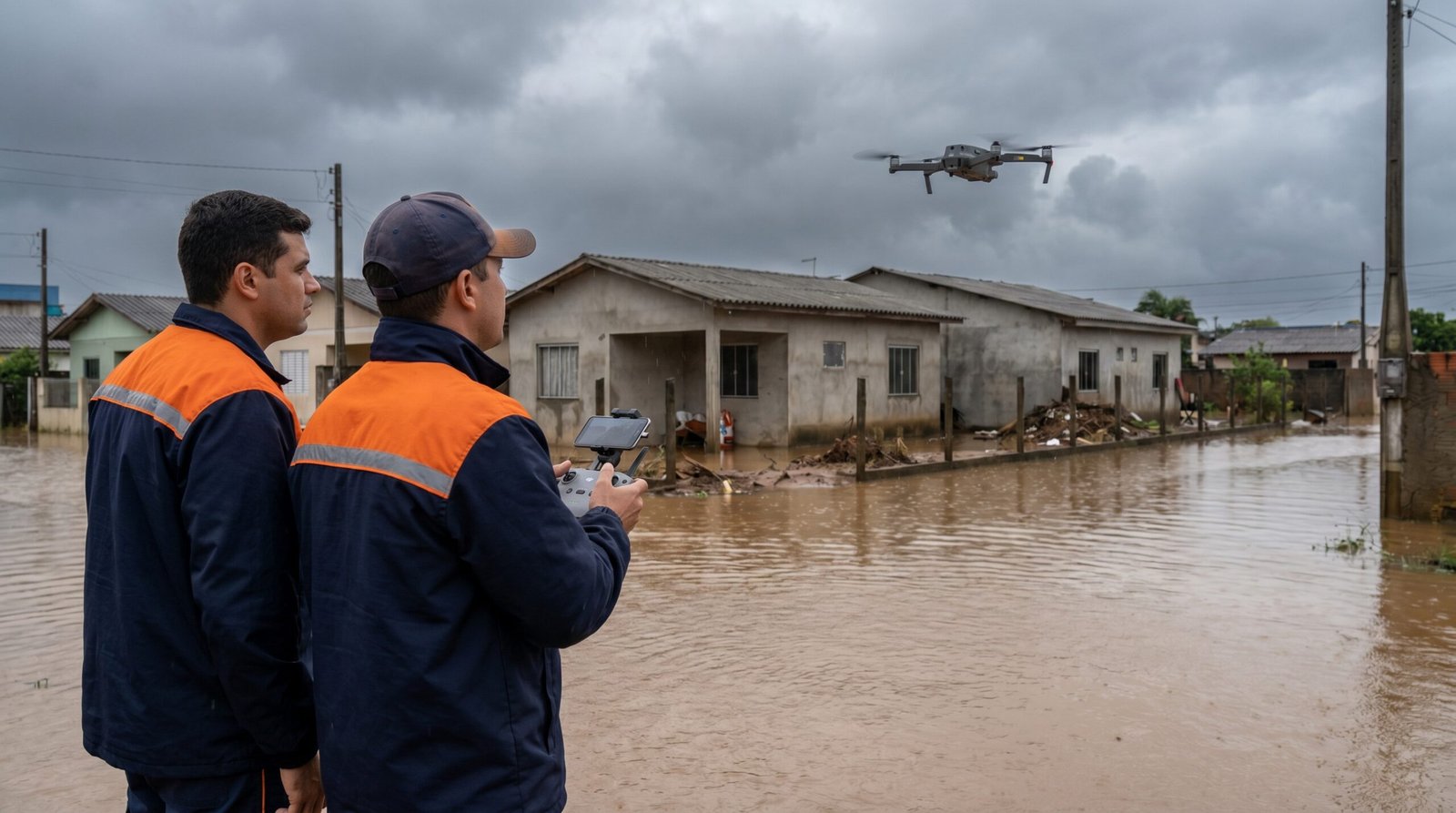 Equipe da Defesa Civil operando drone DJI sobre area alagada durante resposta a enchente, exemplo de operacao aerea especial