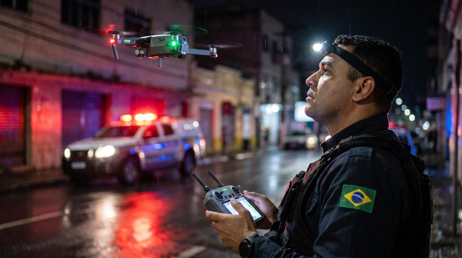 Agente de seguranca publica pilotando drone DJI em ocorrencia noturna com luzes de viaturas ao fundo