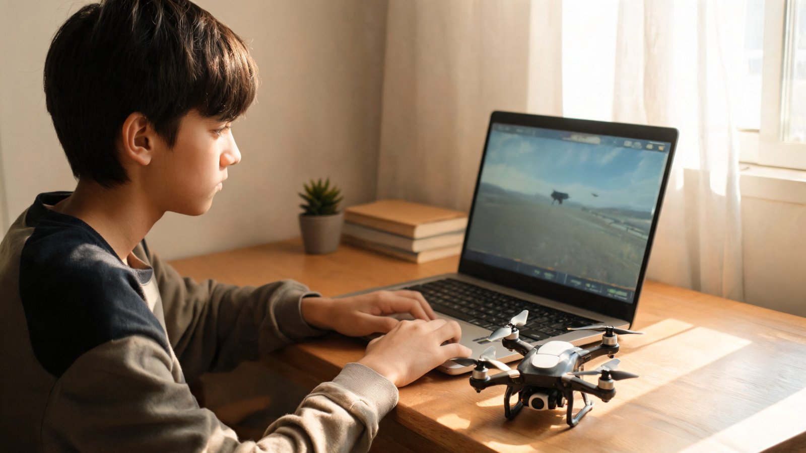 Adolescente treinando no simulador de voo com um micro drone ao lado do teclado