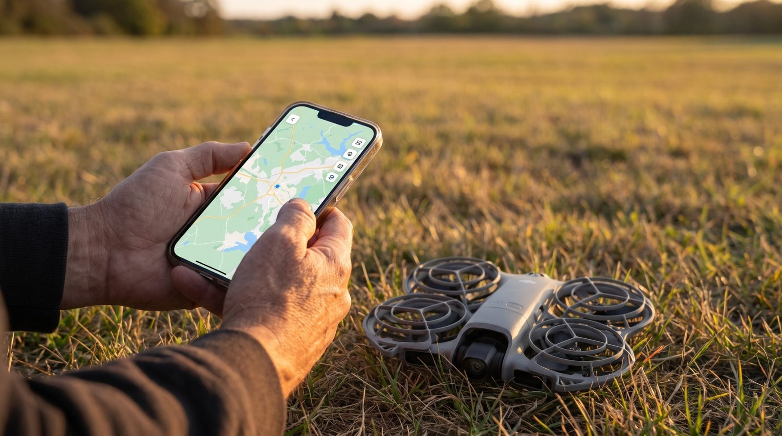 Piloto confere a área no celular antes de decolar com o drone sub-250g