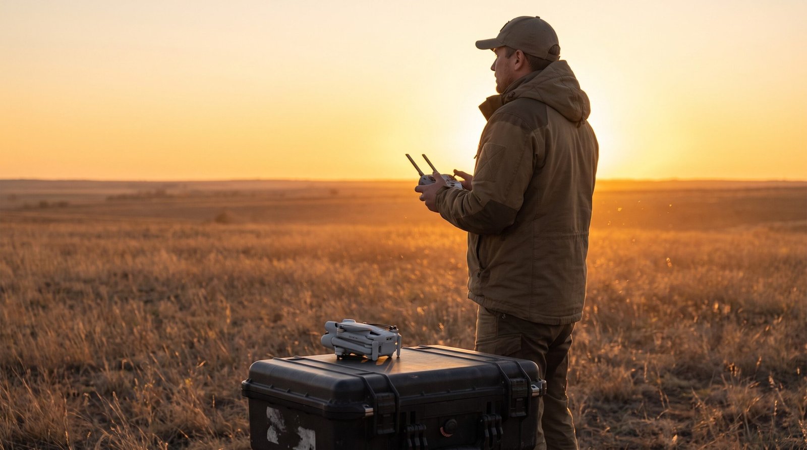 Piloto de drone em campo aberto ao entardecer com o equipamento pronto para o voo