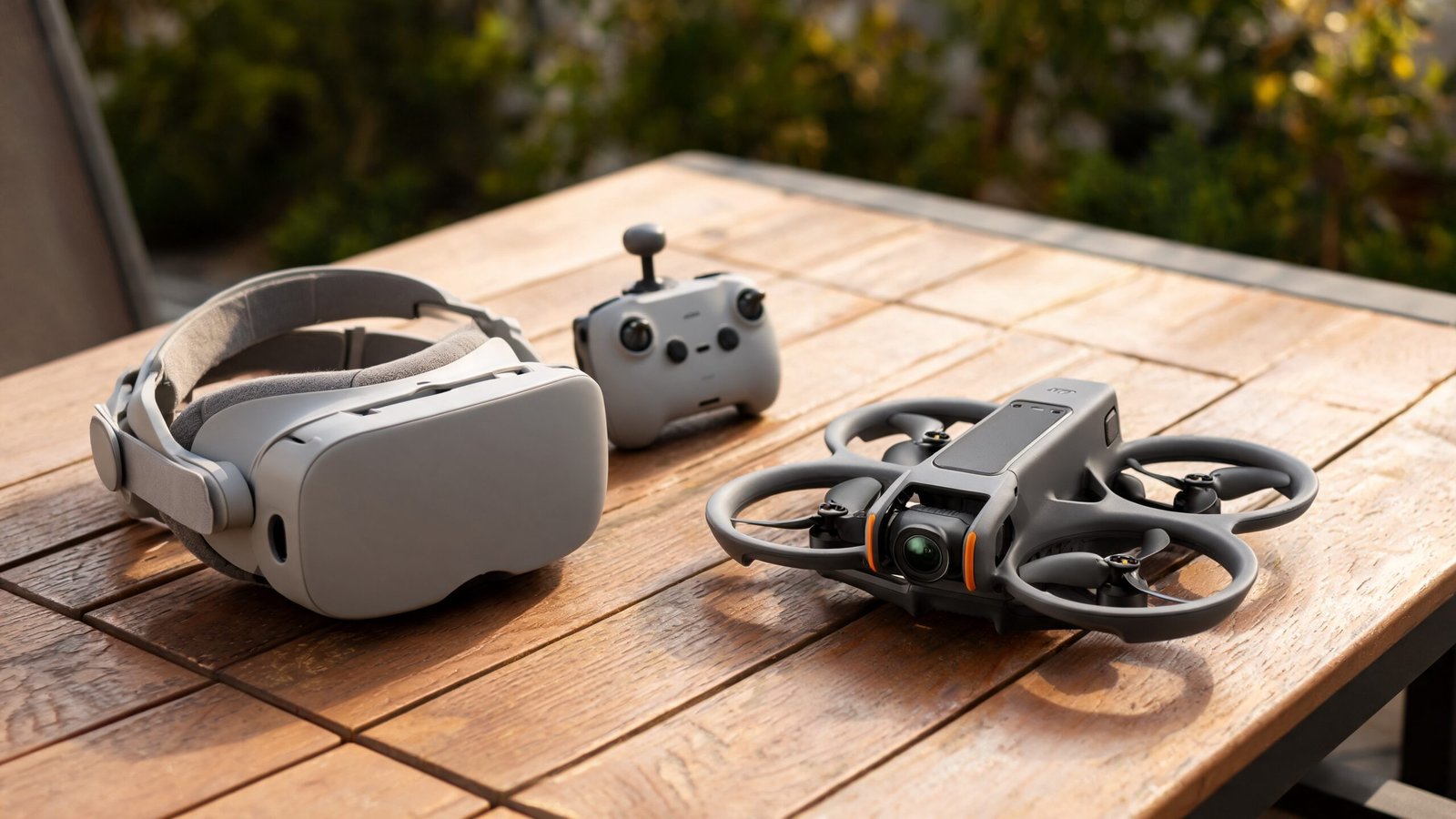 Oculos FPV, controle de movimento e drone cinewhoop sobre a mesa antes do voo