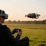 Piloto de oculos FPV voando drone cinewhoop em campo aberto no fim de tarde