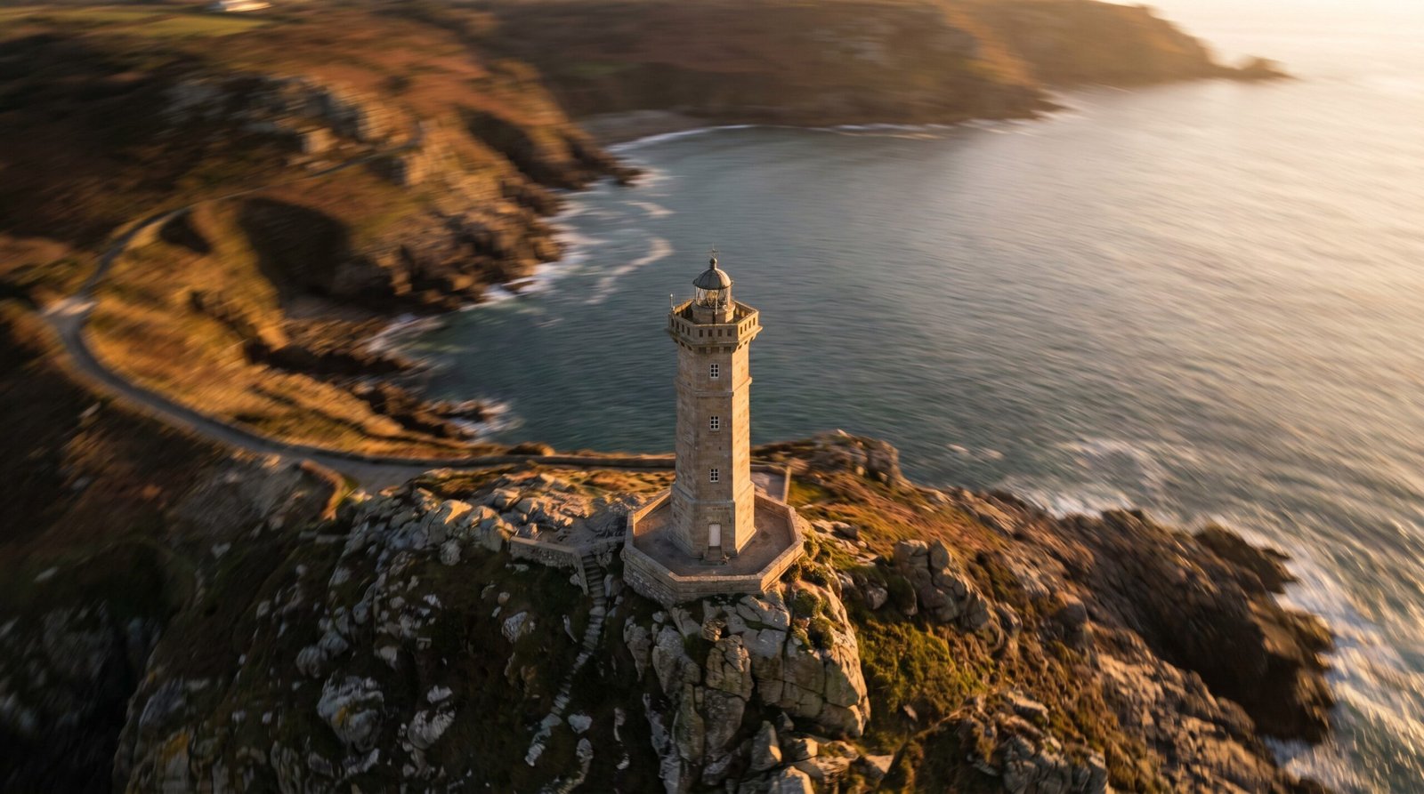 Vista aerea em arco ao redor de um farol na costa ao entardecer, com o litoral ao fundo