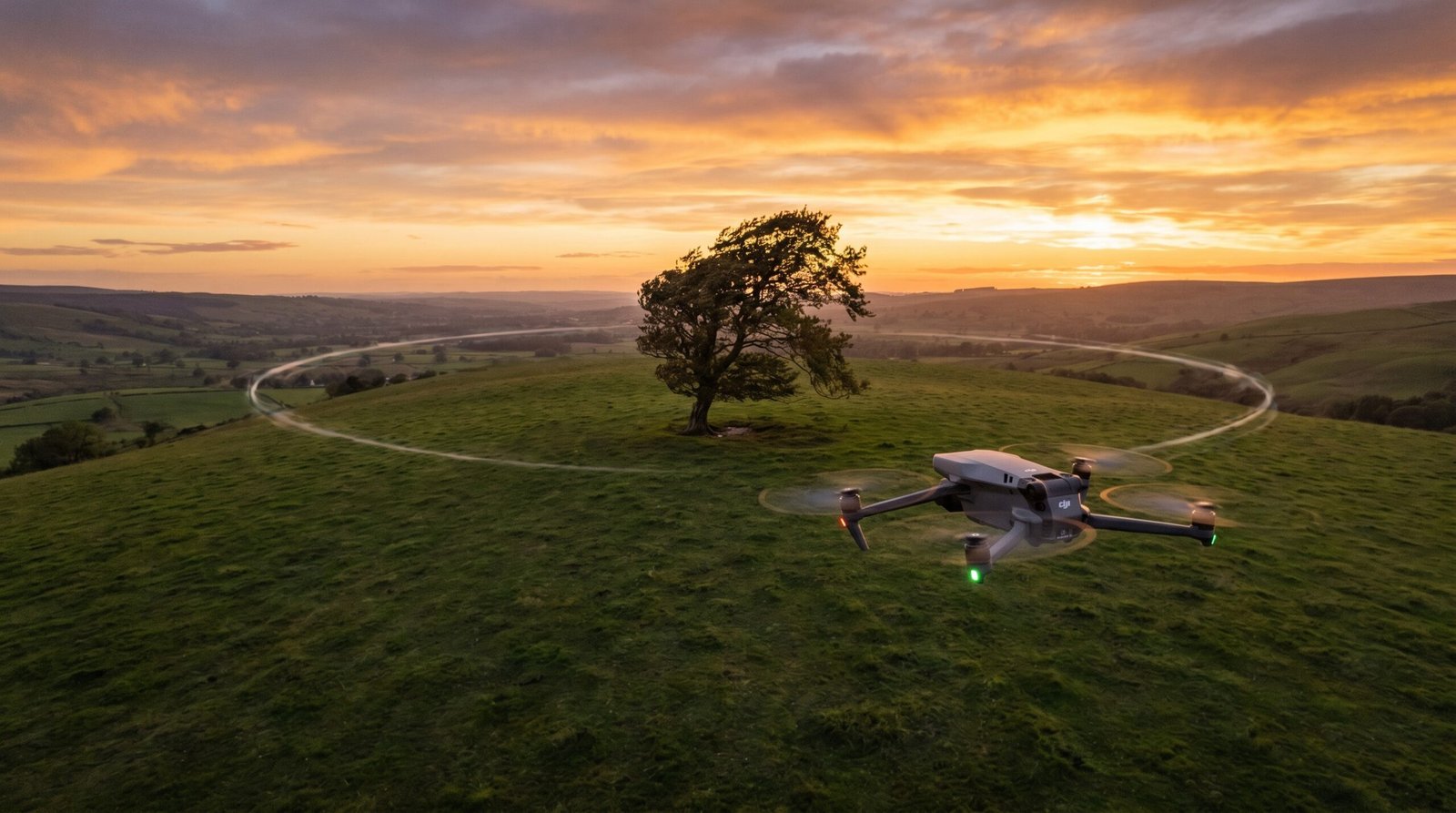Drone DJI-style orbitando uma arvore isolada em uma colina verde ao por do sol