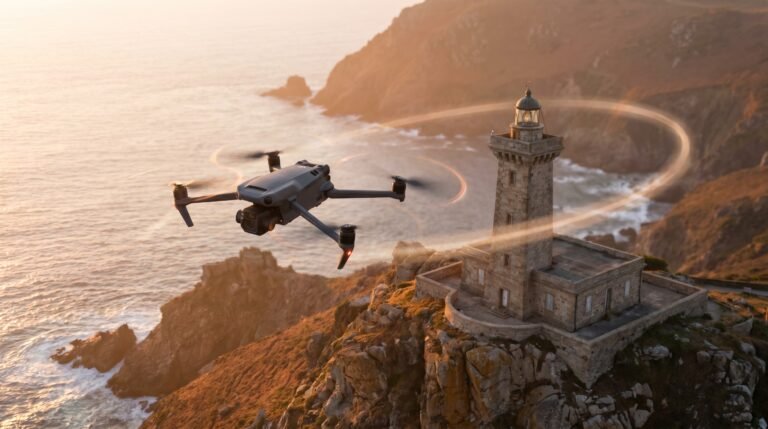 Drone DJI-style voando em trajetoria circular ao redor de um farol na costa ao entardecer