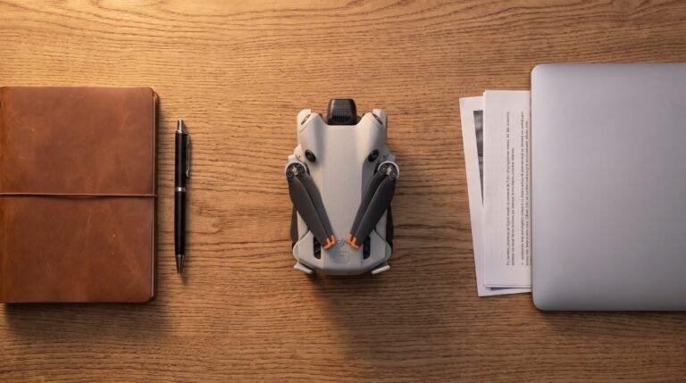 Mesa de trabalho com drone dobrado, documentos e notebook