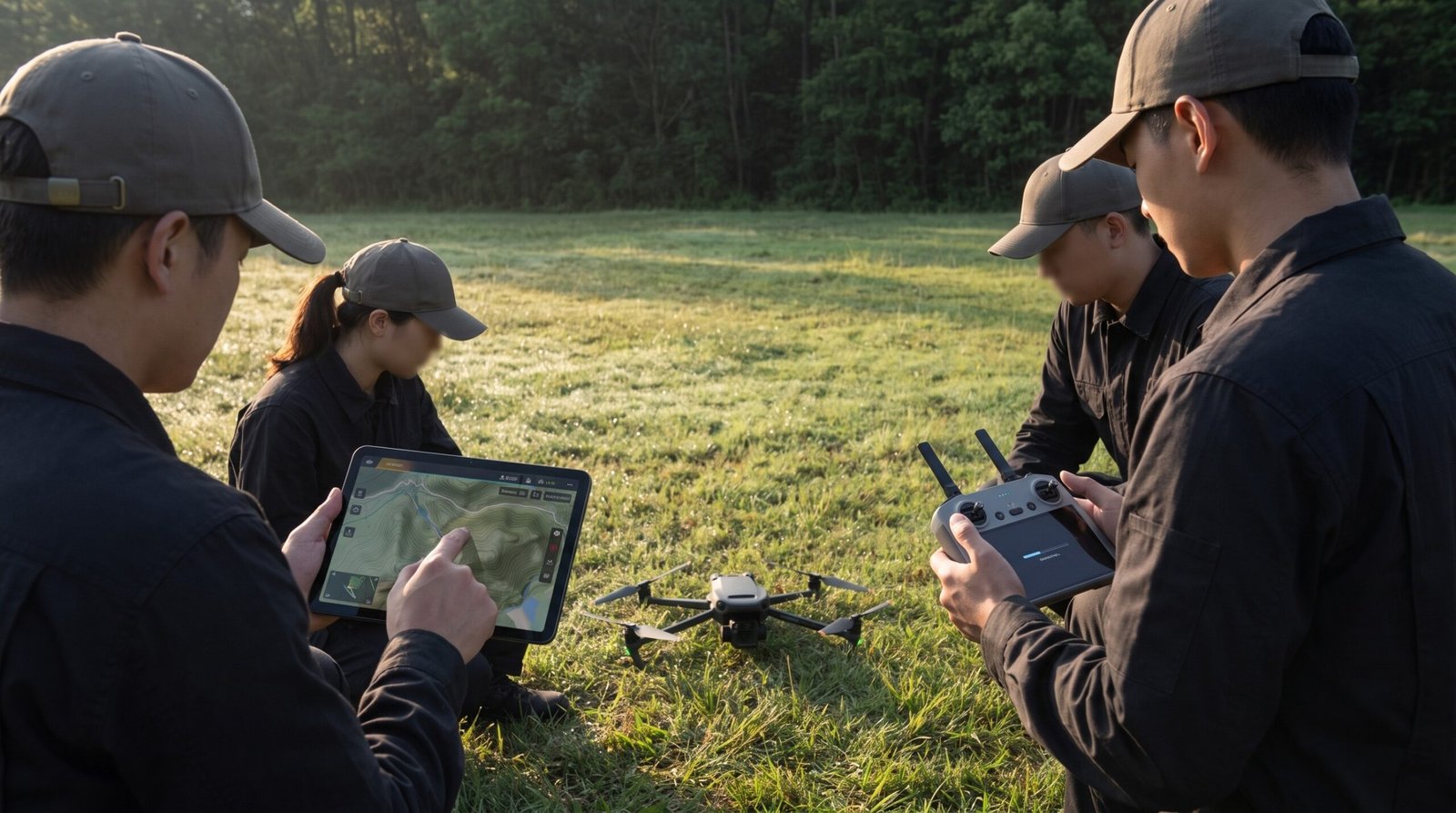 Equipe em briefing ao redor de drone profissional no chao antes da decolagem