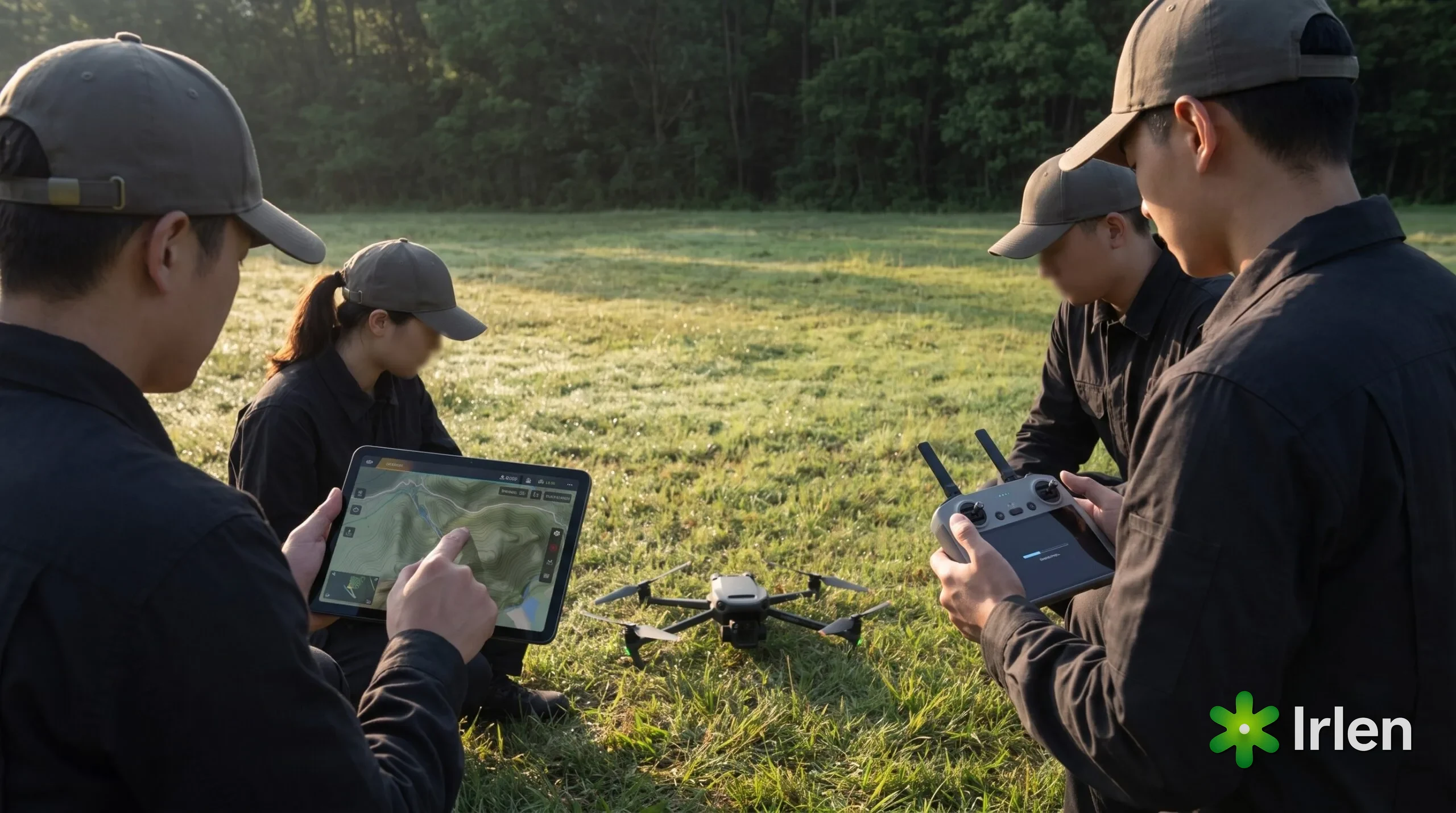 Equipe em briefing ao redor de drone profissional no chao antes da decolagem