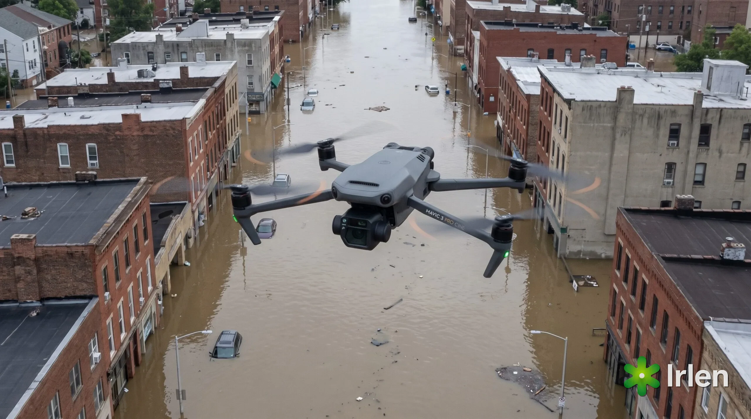 Drone profissional sobrevoando rua urbana alagada