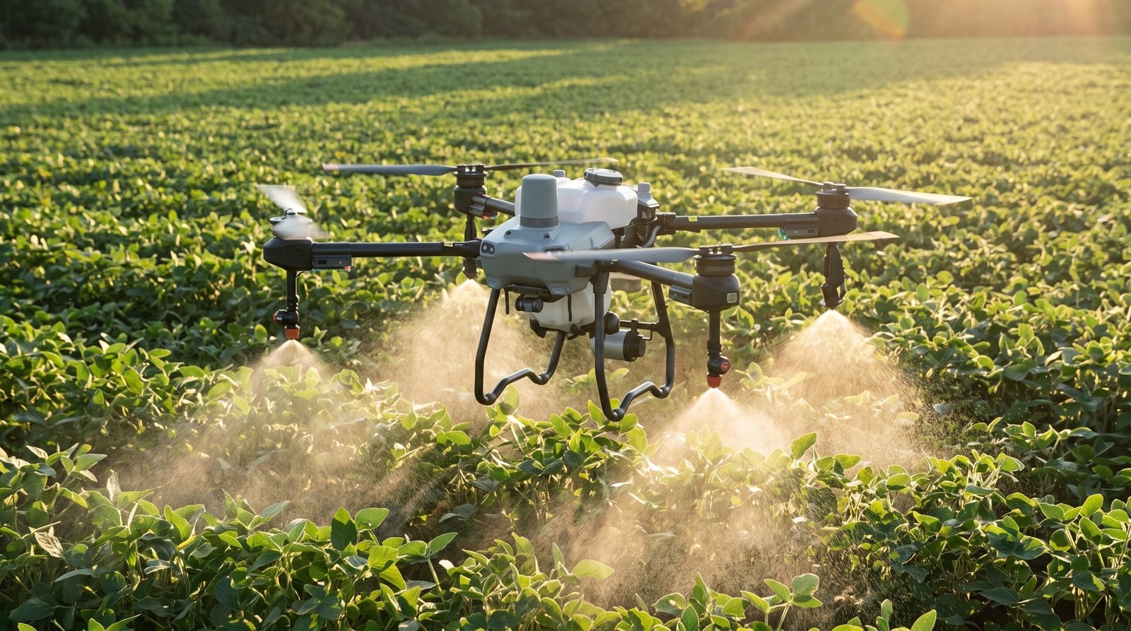 Drone agricola pulverizando uma lavoura de soja
