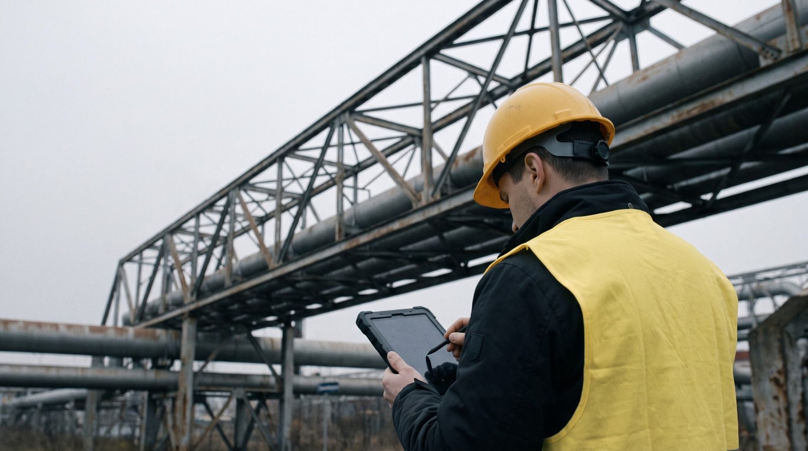 Tecnico com tablet inspecionando uma estrutura industrial