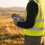 Piloto de drone com controle em campo aberto ao entardecer