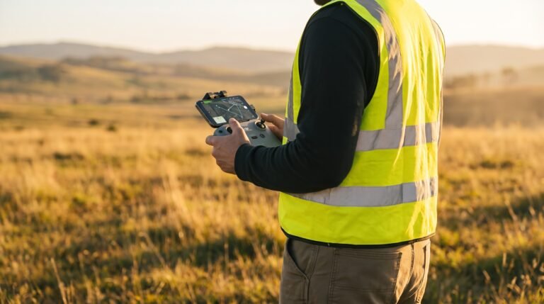 Piloto de drone com controle em campo aberto ao entardecer