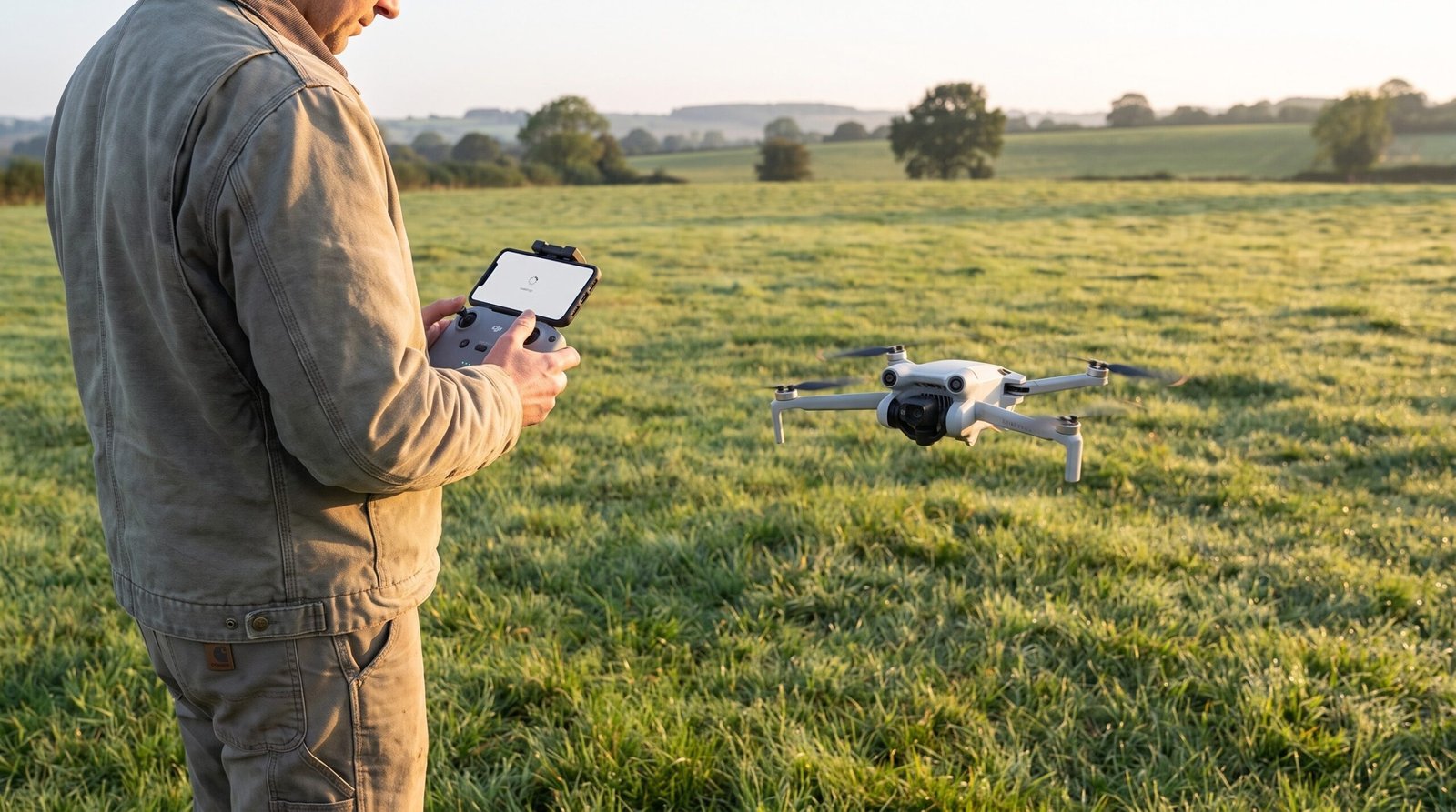 Piloto com controle de drone em campo aberto e drone pequeno voando proximo