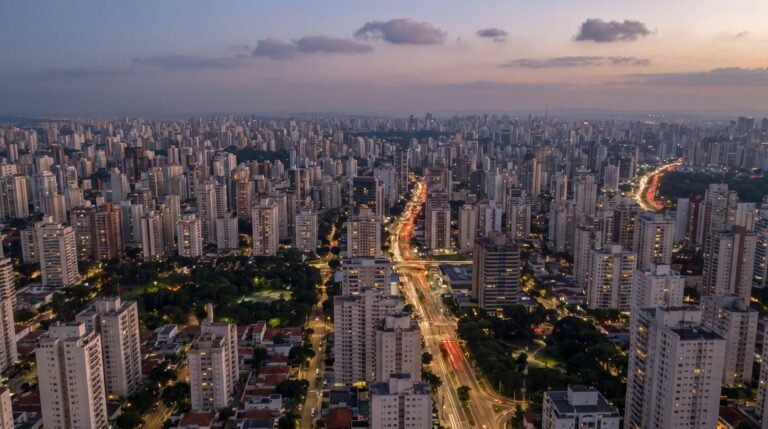 Vista aerea de uma cidade brasileira ao anoitecer